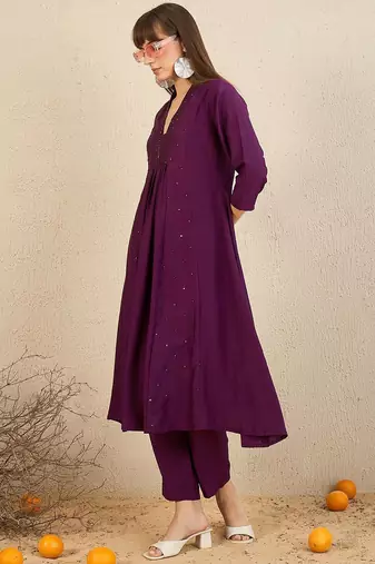 Embroidered Panelled Sequinned A-Line Kurta with Trousers