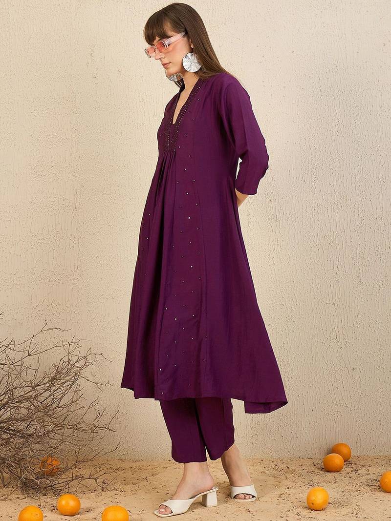 Embroidered Panelled Sequinned A-Line Kurta with Trousers