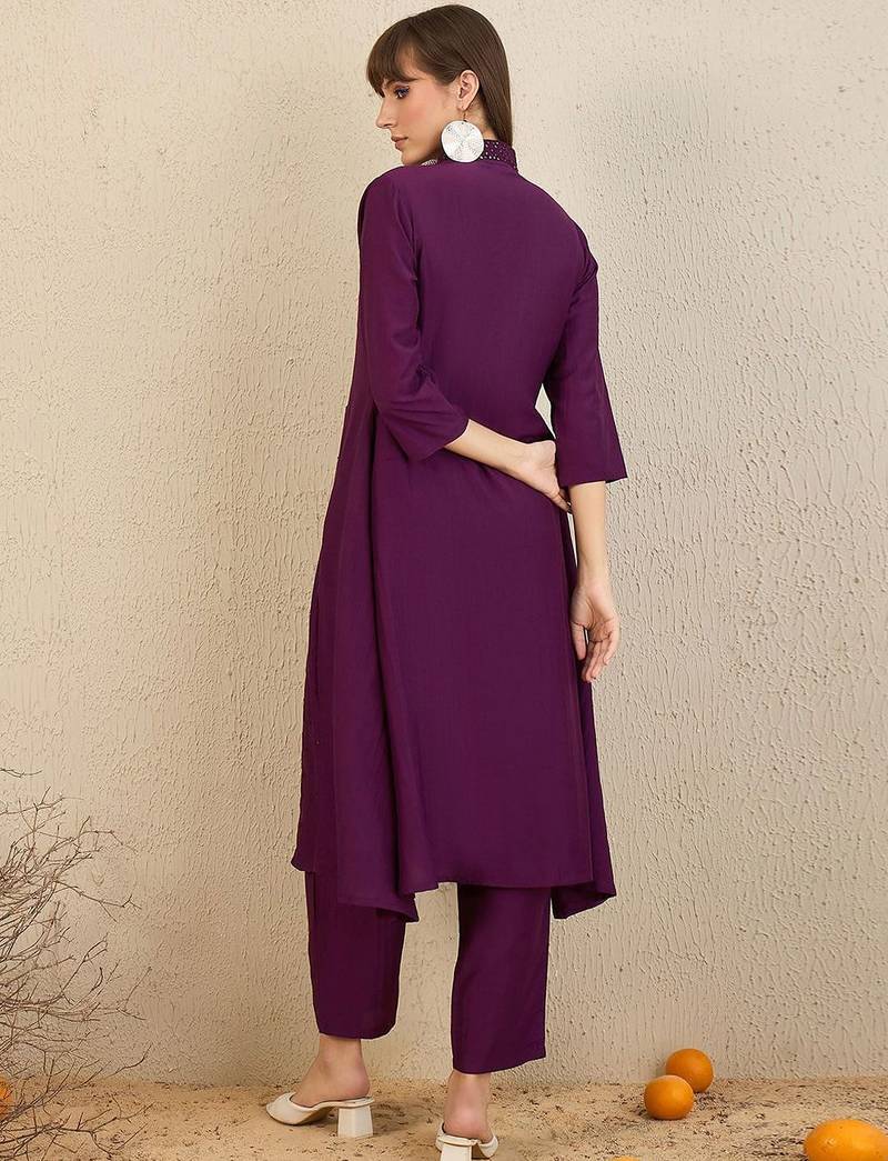 Embroidered Panelled Sequinned A-Line Kurta with Trousers