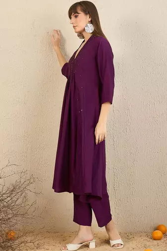 Embroidered Panelled Sequinned A-Line Kurta with Trousers