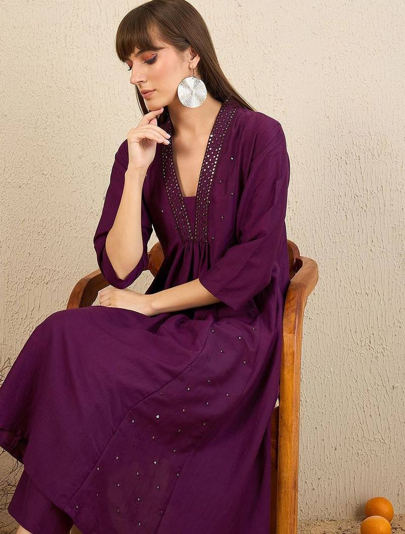 Embroidered Panelled Sequinned A-Line Kurta with Trousers