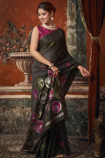 Black cotton blend floral printed saree with multicolor floral motifs