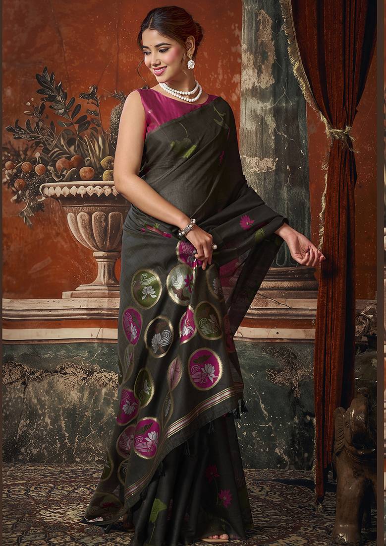 Black cotton blend floral printed saree with multicolor floral motifs