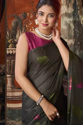 Black cotton blend floral printed saree with multicolor floral motifs