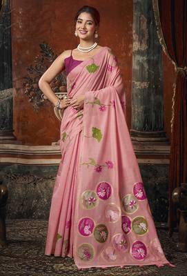 Baby pink cotton blend floral printed saree with multicolor floral motifs 1