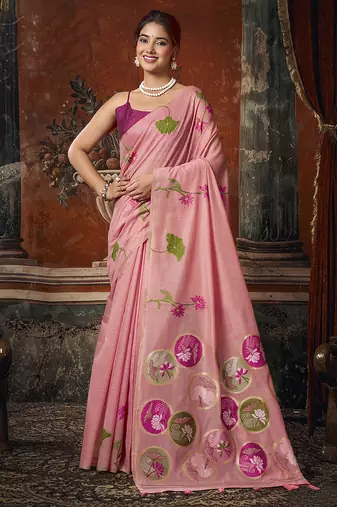 Baby pink cotton blend floral printed saree with multicolor floral motifs