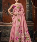 Baby pink cotton blend floral printed saree with multicolor floral motifs