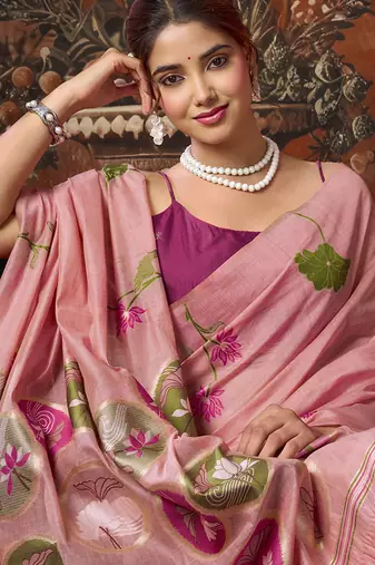 Baby pink cotton blend floral printed saree with multicolor floral motifs
