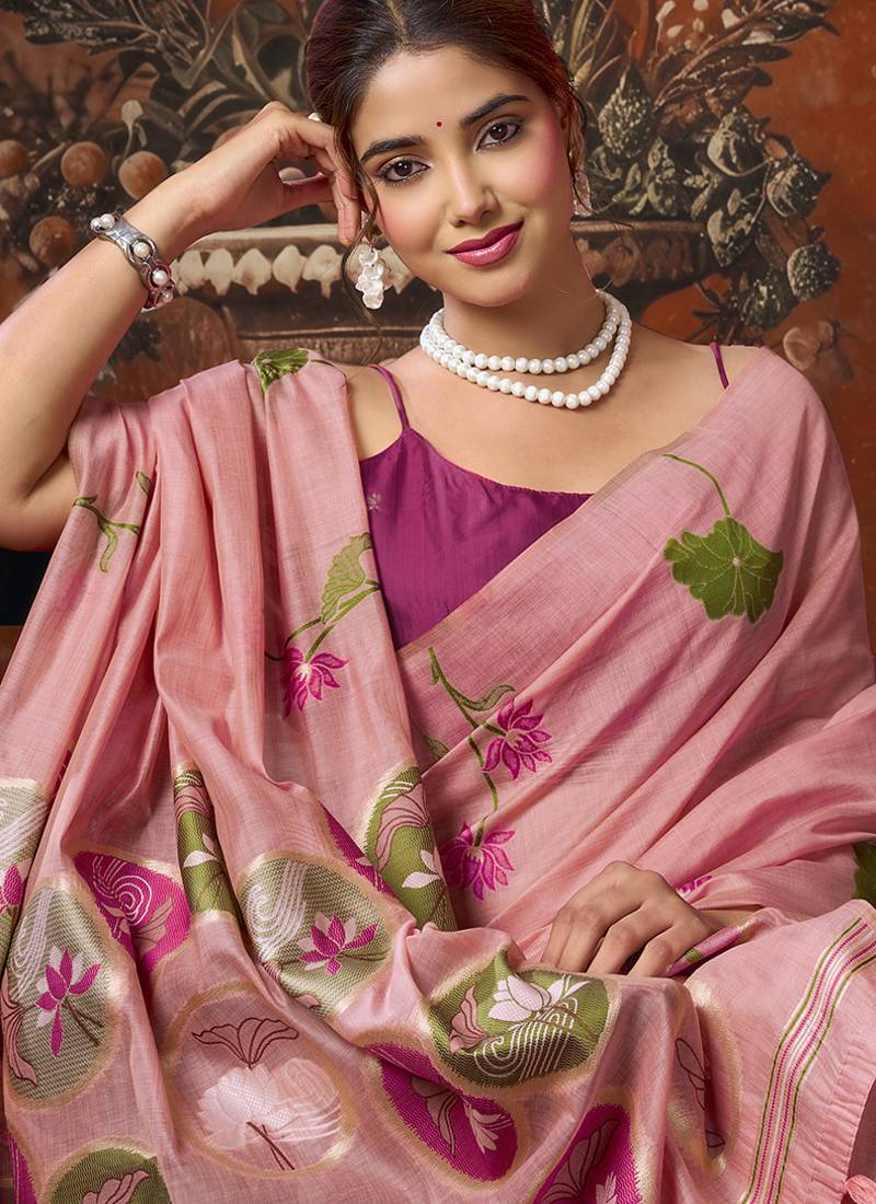 Baby pink cotton blend floral printed saree with multicolor floral motifs
