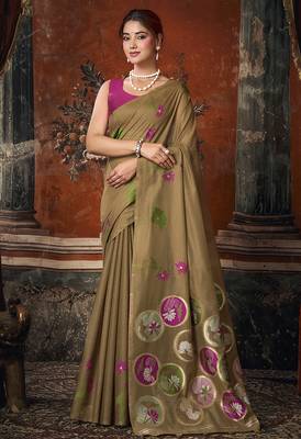 Brown cotton blend floral printed saree with multicolor floral motifs 1