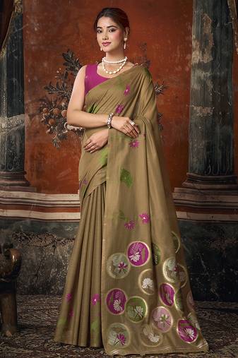 Brown cotton blend floral printed saree with multicolor floral motifs