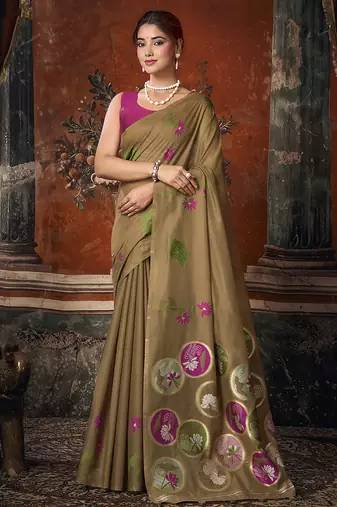 Brown cotton blend floral printed saree with multicolor floral motifs