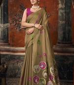Brown cotton blend floral printed saree with multicolor floral motifs