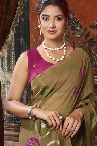 Brown cotton blend floral printed saree with multicolor floral motifs