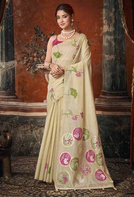 Cream cotton blend floral printed saree with multicolor floral motifs 1
