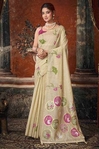 Cream cotton blend floral printed saree with multicolor floral motifs