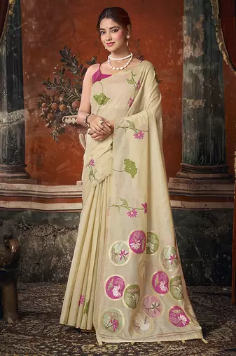Cream cotton blend floral printed saree with multicolor floral motifs