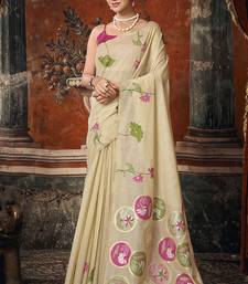 Cream cotton blend floral printed saree with multicolor floral motifs