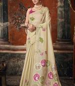 Cream cotton blend floral printed saree with multicolor floral motifs