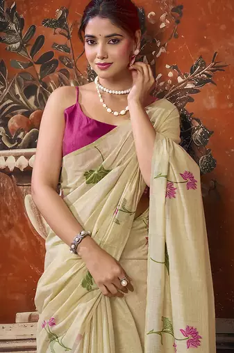 Cream cotton blend floral printed saree with multicolor floral motifs