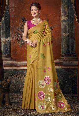 Mustard yellow cotton blend floral printed saree with multicolor floral motifs 1