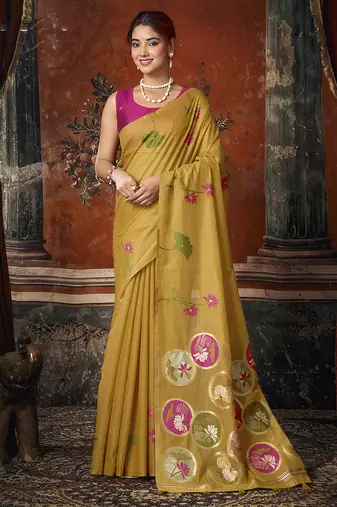 Mustard yellow cotton blend floral printed saree with multicolor floral motifs