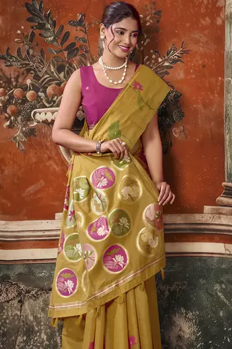 Mustard yellow cotton blend floral printed saree with multicolor floral motifs