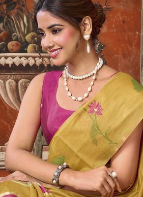Mustard yellow cotton blend floral printed saree with multicolor floral motifs 3