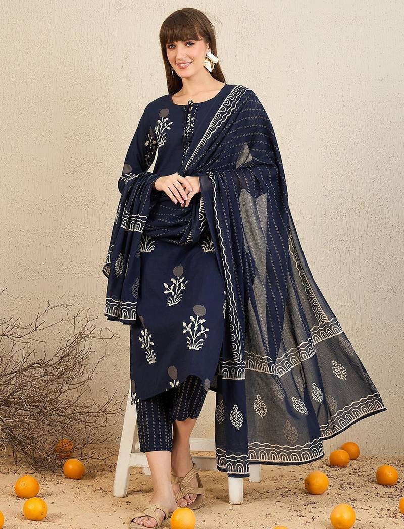 Floral Printed Pure Cotton Straight Kurta With Trousers & Dupatta
