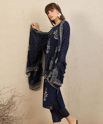 Floral Printed Pure Cotton Straight Kurta With Trousers & Dupatta 5
