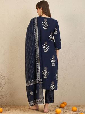 Floral Printed Pure Cotton Straight Kurta With Trousers & Dupatta 6