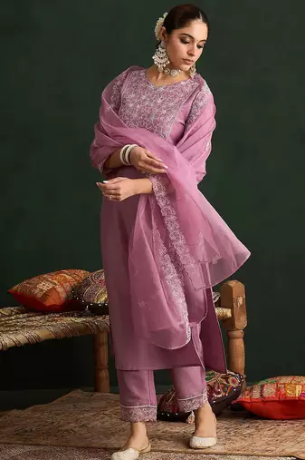 Ethnic Motifs Embroidered Thread Work Kurta With Trousers & Dupatta