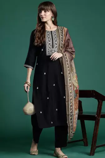 Ethnic Motifs Zari Embroidered Liva Kurta With Trousers & Dupatta