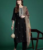 Ethnic Motifs Zari Embroidered Liva Kurta With Trousers & Dupatta