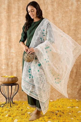 Straight Sequinned Liva Kurta with Palazzos & Dupatta