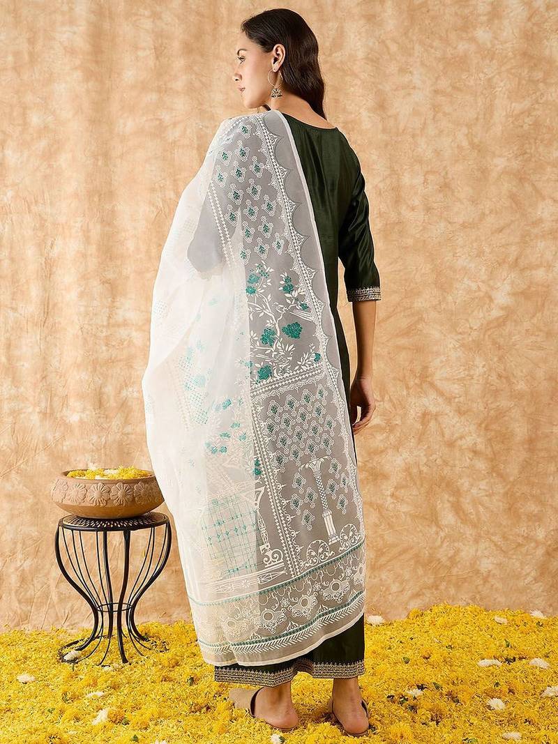 Straight Sequinned Liva Kurta with Palazzos & Dupatta