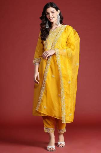 Floral Embroidered Thread Work Kurta with Trousers & Dupatta