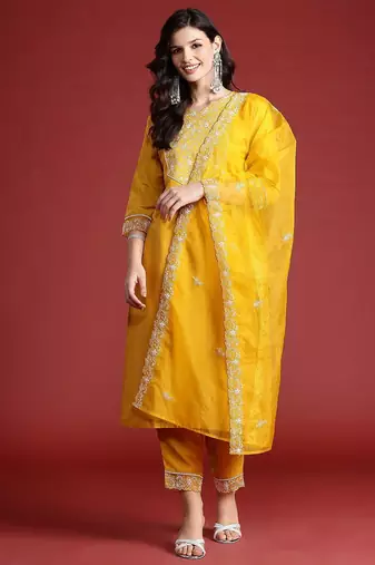 Floral Embroidered Thread Work Kurta with Trousers & Dupatta