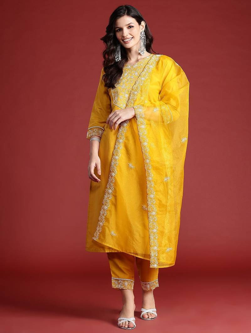 Floral Embroidered Thread Work Kurta with Trousers & Dupatta