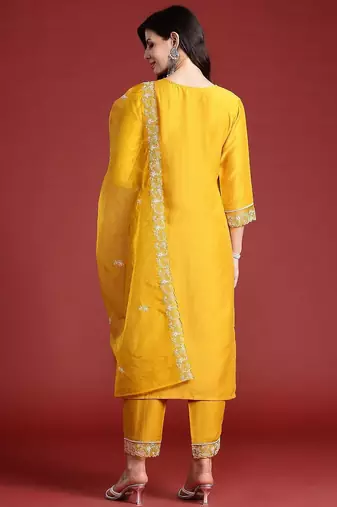 Floral Embroidered Thread Work Kurta with Trousers & Dupatta