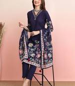 Floral Printed Regular Thread Work Kurta with Trousers & Dupatta
