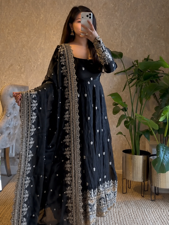 black sequin embroidery silk blend gown set
