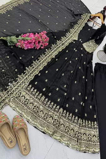 black color sequin embroidery silk blend gown set