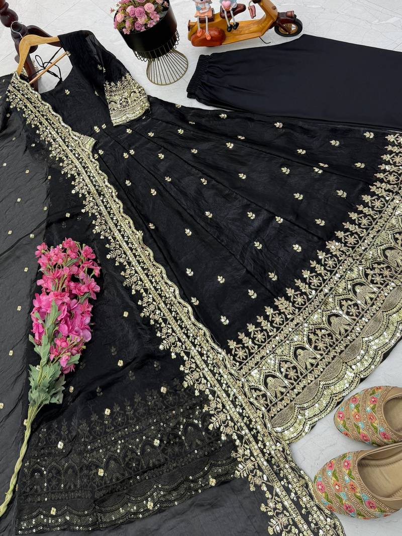 black color sequin embroidery silk blend gown set