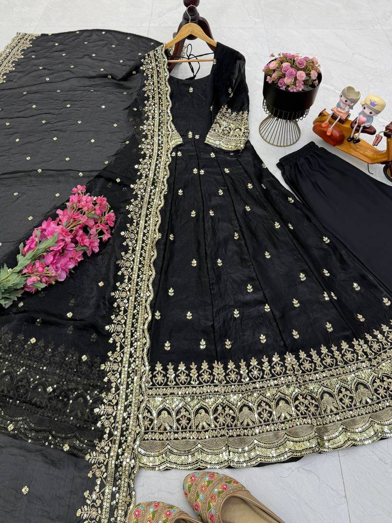 black color sequin embroidery silk blend gown set
