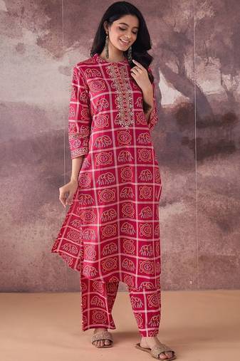 Ethnic Motifs Printed Mirror Work Pure Cotton Kurta With Trousers