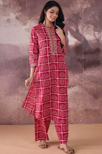 Ethnic Motifs Printed Mirror Work Pure Cotton Kurta With Trousers