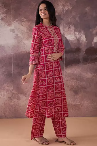Ethnic Motifs Printed Mirror Work Pure Cotton Kurta With Trousers