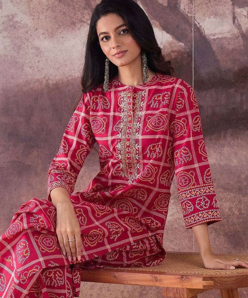 Ethnic Motifs Printed Mirror Work Pure Cotton Kurta With Trousers