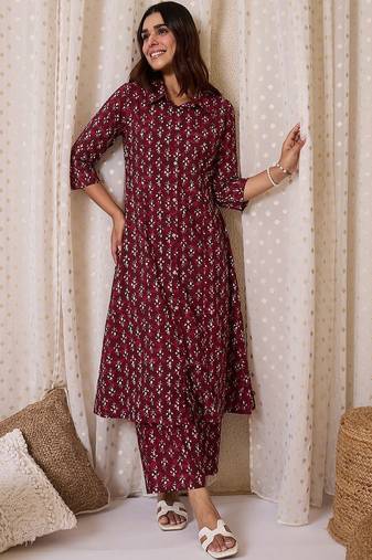 Women Floral Printed Pure Cotton Anarkali Kurta with Trouser